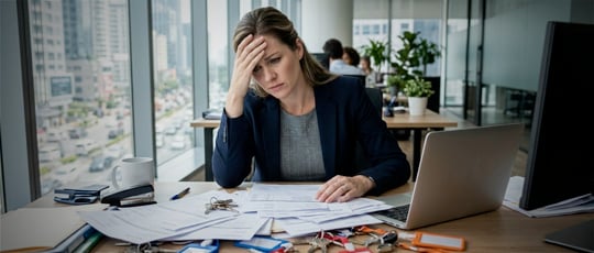 A stressed female facility manager sits at an office desk with her head in her hand, looking down at a large, unorganized stack of paperwork, keys, and invoices.