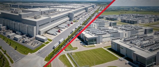 A split-screen view showing a large manufacturing facility with loading docks next to a massive commercial data center with rooftop cooling systems.