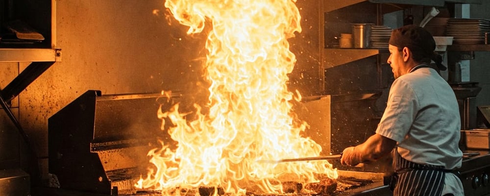 Image of a cook at a grill in a restaurant kitchen with a large grease fire.